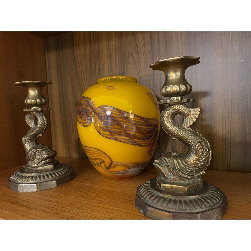 Vintage Brass Dolphin Koi Fish Candlesticks Pair Chinoiserie Regency Candlestick